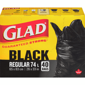 GLAD Black Garbage Bags - Regular 74 Litres, 40 Bags(8/Case)-Chicken Pieces