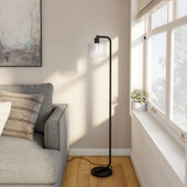 57" Black Arched Floor Lamp With Clear Seeded Glass Drum Shade - Chicken Pieces