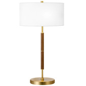 25" Gold Metal Two Light Table Lamp With White Drum Shade