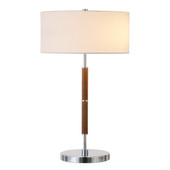 25" Silver and Oak Two Light Table Lamp With White Drum Shade - Chicken Pieces