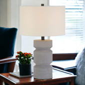 23" Gray Concrete Faceted Column Table Lamp With White Drum Shade - Chicken Pieces