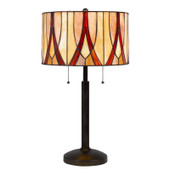 24" Bronze Metal Two Light Table Lamp With Red And Ivory Drum Shade - Chicken Pieces