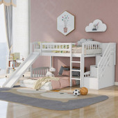 homeroots bed & bath White Twin Over Twin Perpendicular Bunk Bed with Storage Stairs and Slide 