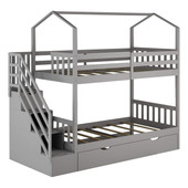 homeroots bed & bath Gray Twin Over Twin Playhouse Bunk Bed with Trundle and Staircase 