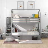 homeroots bed & bath Gray Twin Over Twin Playhouse Bunk Bed with Trundle and Staircase 