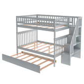 homeroots bed & bath Gray Full Over Full Farmhouse Style Bunk Bed with Trundle and Staircase 