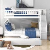 homeroots bed & bath White Full Over Full Farmhouse Style Bunk Bed with Trundle and Staircase 
