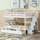 homeroots bed & bath White Double Full Size Stairway Bunk Bed With Drawer 