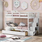 homeroots bed & bath White Twin Over Twin Bunk Bed with Stairway and Drawers 