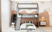 homeroots bed & bath Gray Twin Over Twin PlayHouse Perpendicular Bunk Bed with Slide 