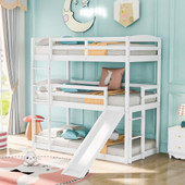 homeroots bed & bath White Triple Bunk Twin Sized Bed with Slide 