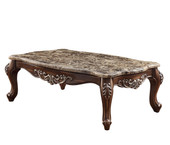 homeroots living room 57" Antique Oak And Brown Marble Faux Marble Rectangular Coffee Table 