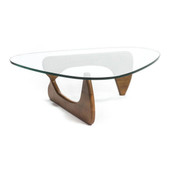 homeroots living room 50" Walnut And Clear Glass Triangle Coffee Table 
