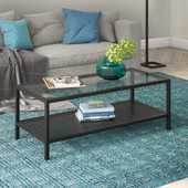 homeroots living room 45" Black Glass Rectangular Coffee Table With Shelf 