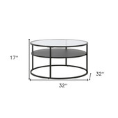 homeroots living room 32" Black and Glass Round Two Layer Coffee Table With Shelf 