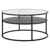 homeroots living room 32" Black and Glass Round Two Layer Coffee Table With Shelf 