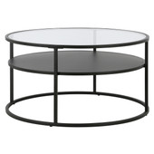 homeroots living room 32" Black and Glass Round Two Layer Coffee Table With Shelf 