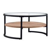 homeroots living room 34" Black Brown and Glass Round Coffee Table With Shelf 