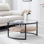 homeroots living room 34" Black Brown and Glass Round Coffee Table With Shelf 