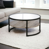 homeroots living room 34" Black Glass and Gray Round Coffee Table With Shelf 