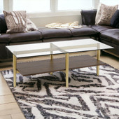 homeroots living room 47" Gold Glass and Walnut Rectangular Coffee Table With Shelf 