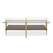 homeroots living room 47" Gold Glass and Walnut Rectangular Coffee Table With Shelf 