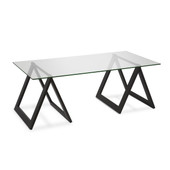 homeroots living room 46" Black and Glass Rectangular Sawhorse Base Coffee Table 