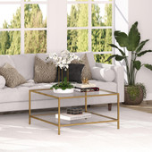homeroots living room 32" Gold and Glass Square Coffee Table With Shelf 