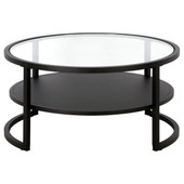 homeroots living room 34" Black and Glass Round Coffee Table With Shelf 