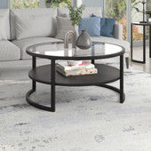 homeroots living room 34" Black and Glass Round Coffee Table With Shelf 