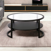 homeroots living room 34" Black and Glass Round Coffee Table With Shelf 