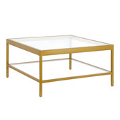homeroots living room 32" Gold Glass Square Coffee Table With Shelf 