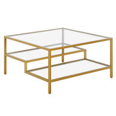 homeroots living room 32" Gold Glass Square Coffee Table With Two Shelves 