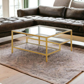 homeroots living room 32" Gold Glass Square Coffee Table With Two Shelves 