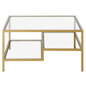 homeroots living room 32" Gold Glass Square Coffee Table With Two Shelves 