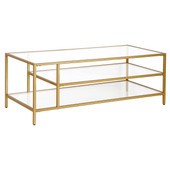 homeroots living room 46" Gold Glass Rectangular Coffee Table With Two Shelves 