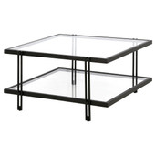 homeroots living room 32" Black Glass Square Coffee Table With Shelf 