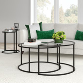 homeroots living room Set Of Two 33" Black Glass Half-Circle Nested Coffee Tables 