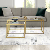 homeroots living room Set Of Two 50" Gold Glass Rectangular Nested Coffee Tables 