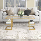 homeroots living room 47" Gold Glass Rectangular Coffee Table With Two Shelves 