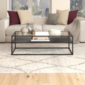 homeroots living room 54" Black Glass Rectangular Coffee Table With Shelf 