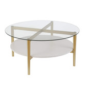 homeroots living room 36" Gold Glass Round Coffee Table With Shelf 