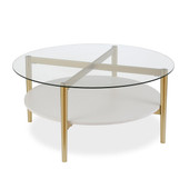 homeroots living room 36" Gold Glass Round Coffee Table With Shelf 