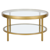 homeroots living room 32" Gold Glass Round Coffee Table With Shelf 