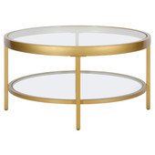 homeroots living room 32" Gold Glass Round Coffee Table With Shelf 