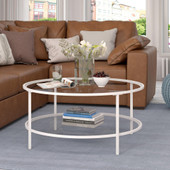 homeroots living room 36" White Glass Round Coffee Table With Shelf 