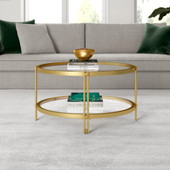 homeroots living room 32" Gold Glass Round Coffee Table With Shelf - CP-HMEROOTS-521070 