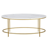 homeroots living room 42" Gold And White Faux Marble Oval Coffee Table 