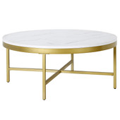 homeroots living room 36" Gold And White Faux Marble Round Coffee Table 