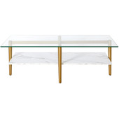 homeroots living room 47" Gold And White Glass Rectangular Coffee Table With Shelf 